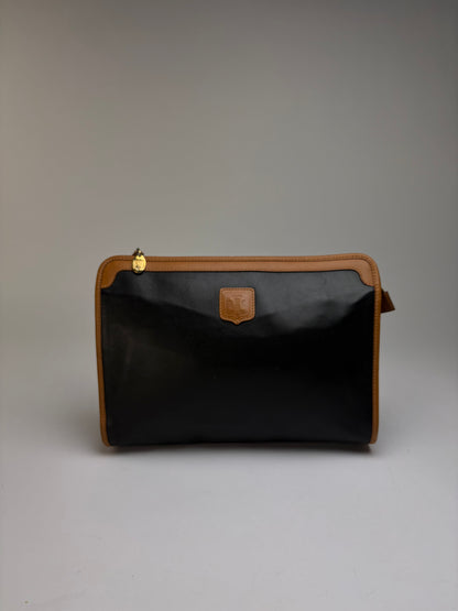 Vintage Celine Leather Clutch Wallet c. Late 1980s Black Tan