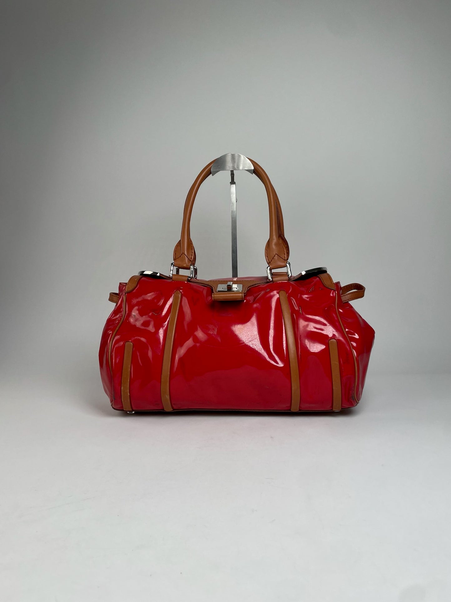Vintage Celine Paris Patent Leather / Leather Handbag Red Brown