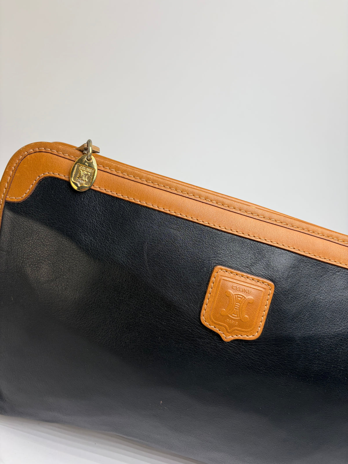 Vintage Celine Leather Clutch Wallet c. Late 1980s Black Tan