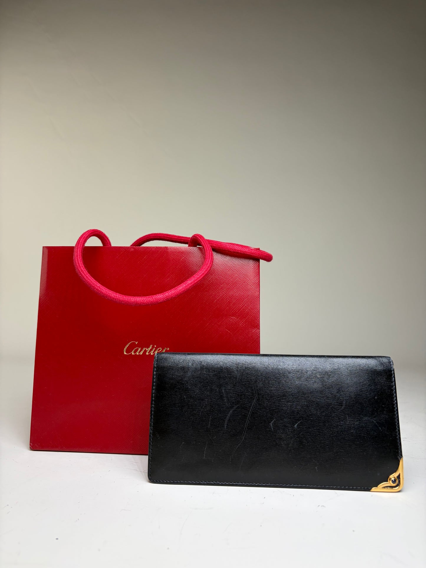 Vintage Cartier Smooth Leather Bifold Wallet Black Gold