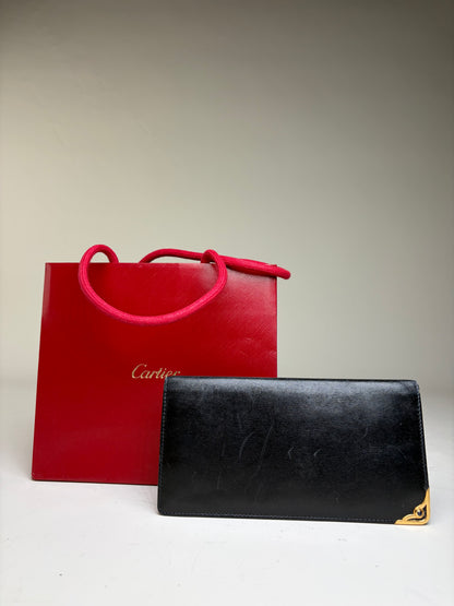 Vintage Cartier Smooth Leather Bifold Wallet Black Gold