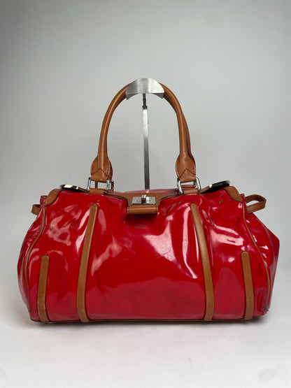Vintage Celine Paris Patent Leather / Leather Handbag Red Brown