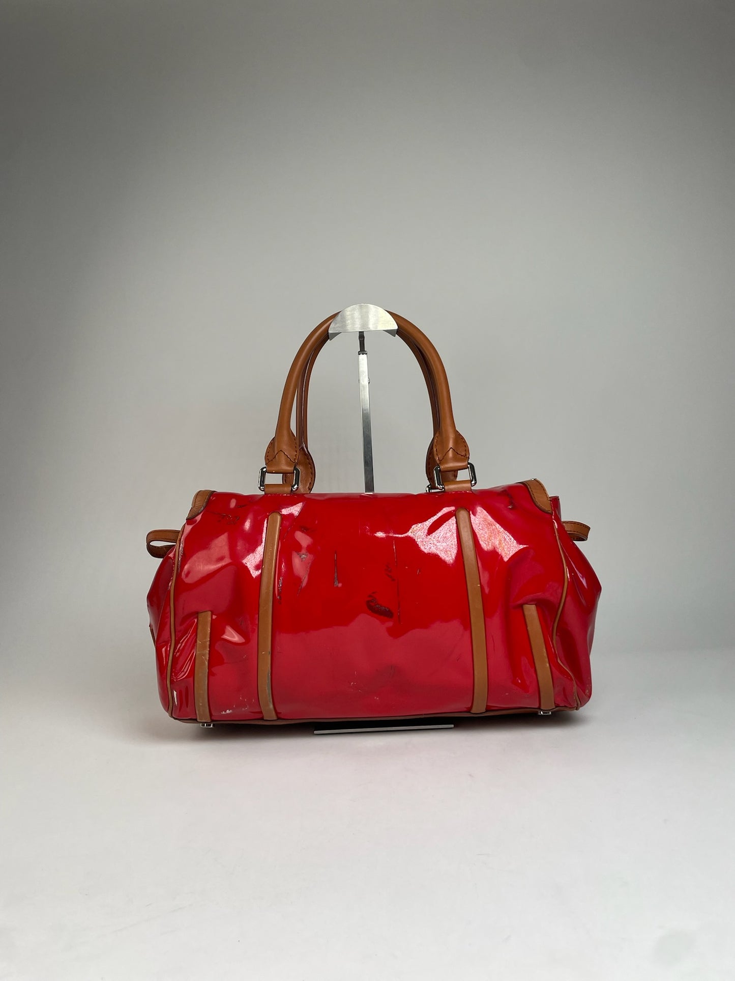 Vintage Celine Paris Patent Leather / Leather Handbag Red Brown