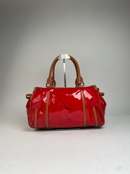 Vintage Celine Paris Patent Leather / Leather Handbag Red Brown