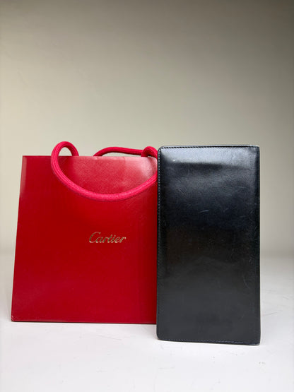 Vintage Cartier Smooth Leather Bifold Wallet Black Gold