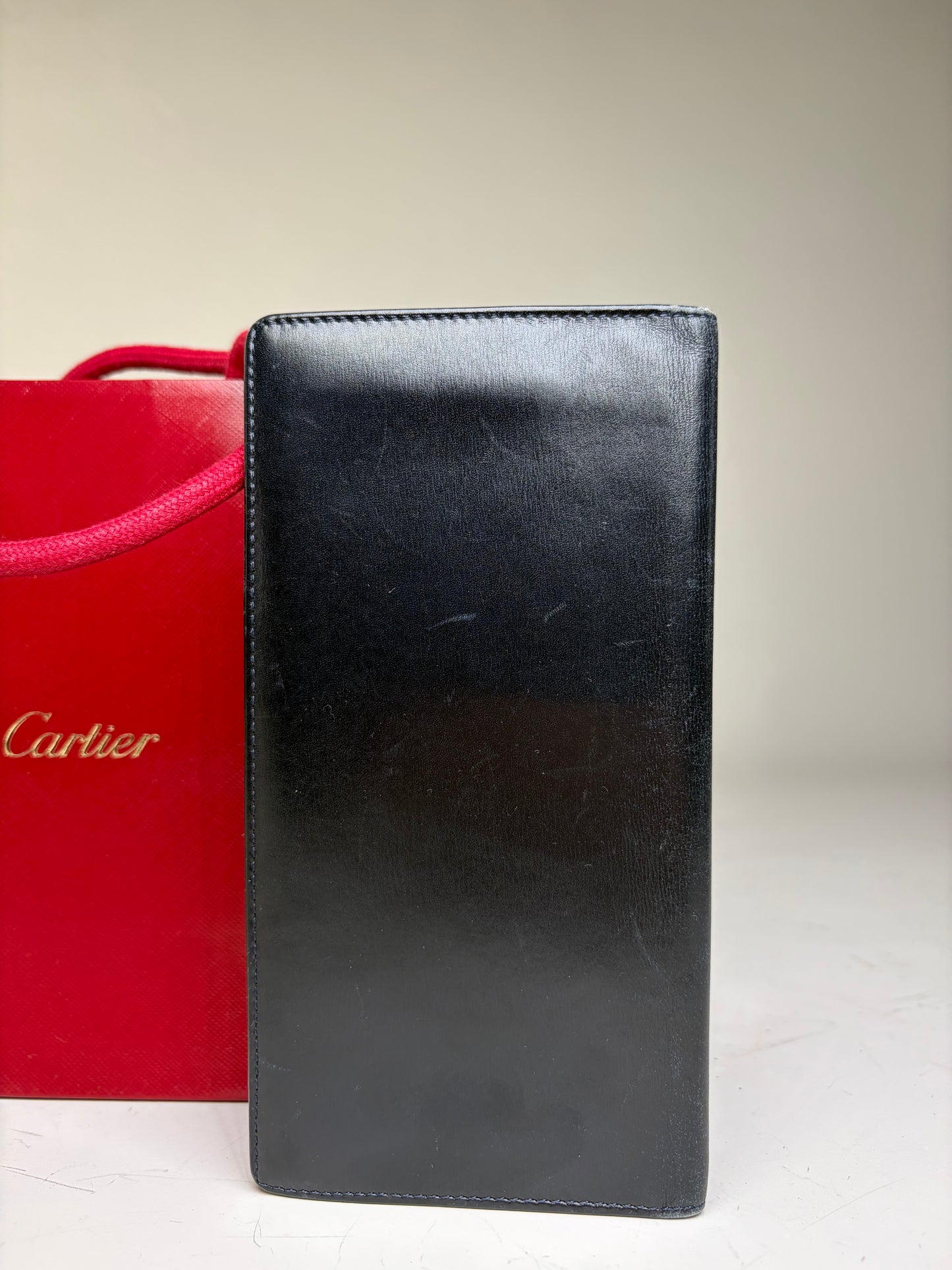Vintage Cartier Smooth Leather Bifold Wallet Black Gold