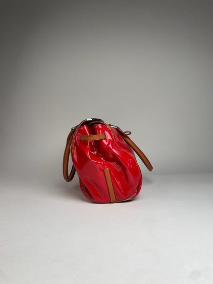 Vintage Celine Paris Patent Leather / Leather Handbag Red Brown