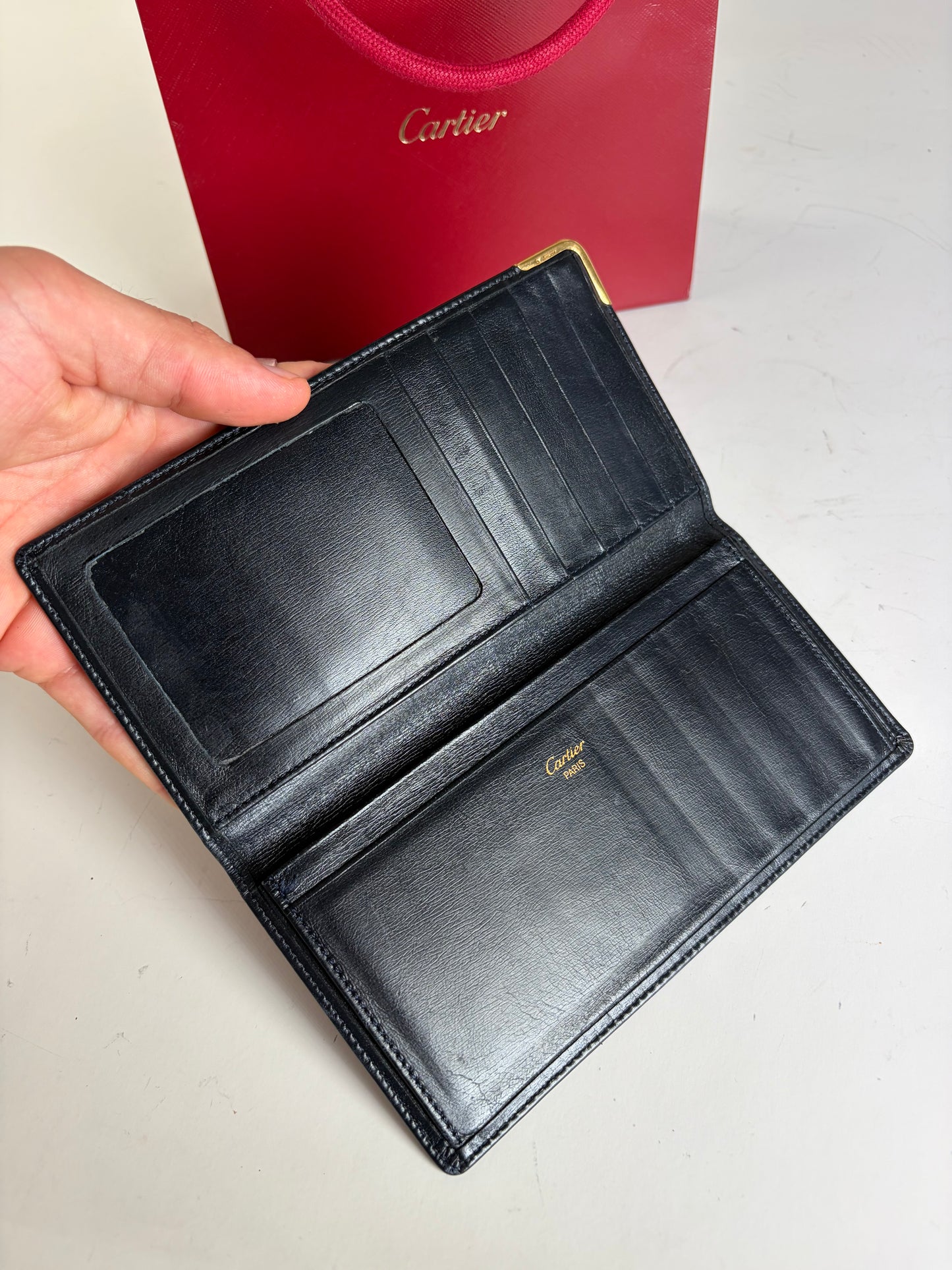Vintage Cartier Smooth Leather Bifold Wallet Black Gold