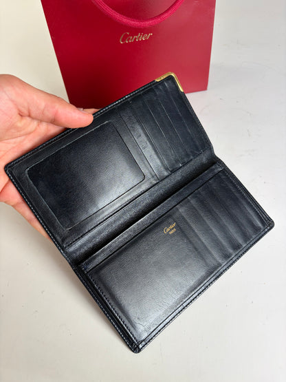 Vintage Cartier Smooth Leather Bifold Wallet Black Gold