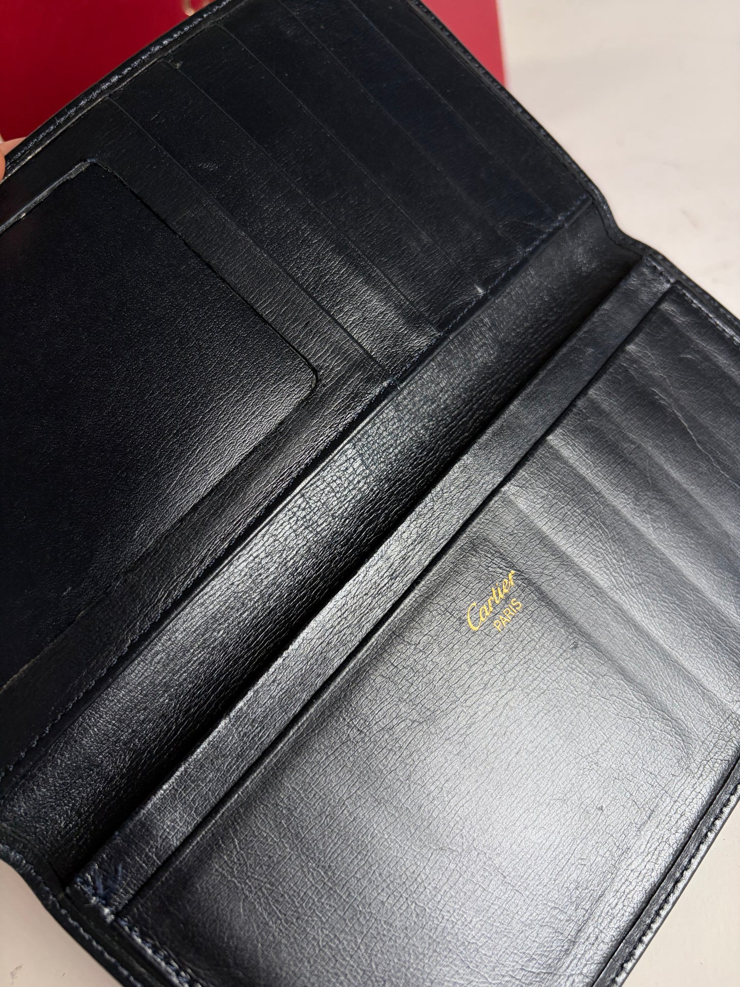 Vintage Cartier Smooth Leather Bifold Wallet Black Gold