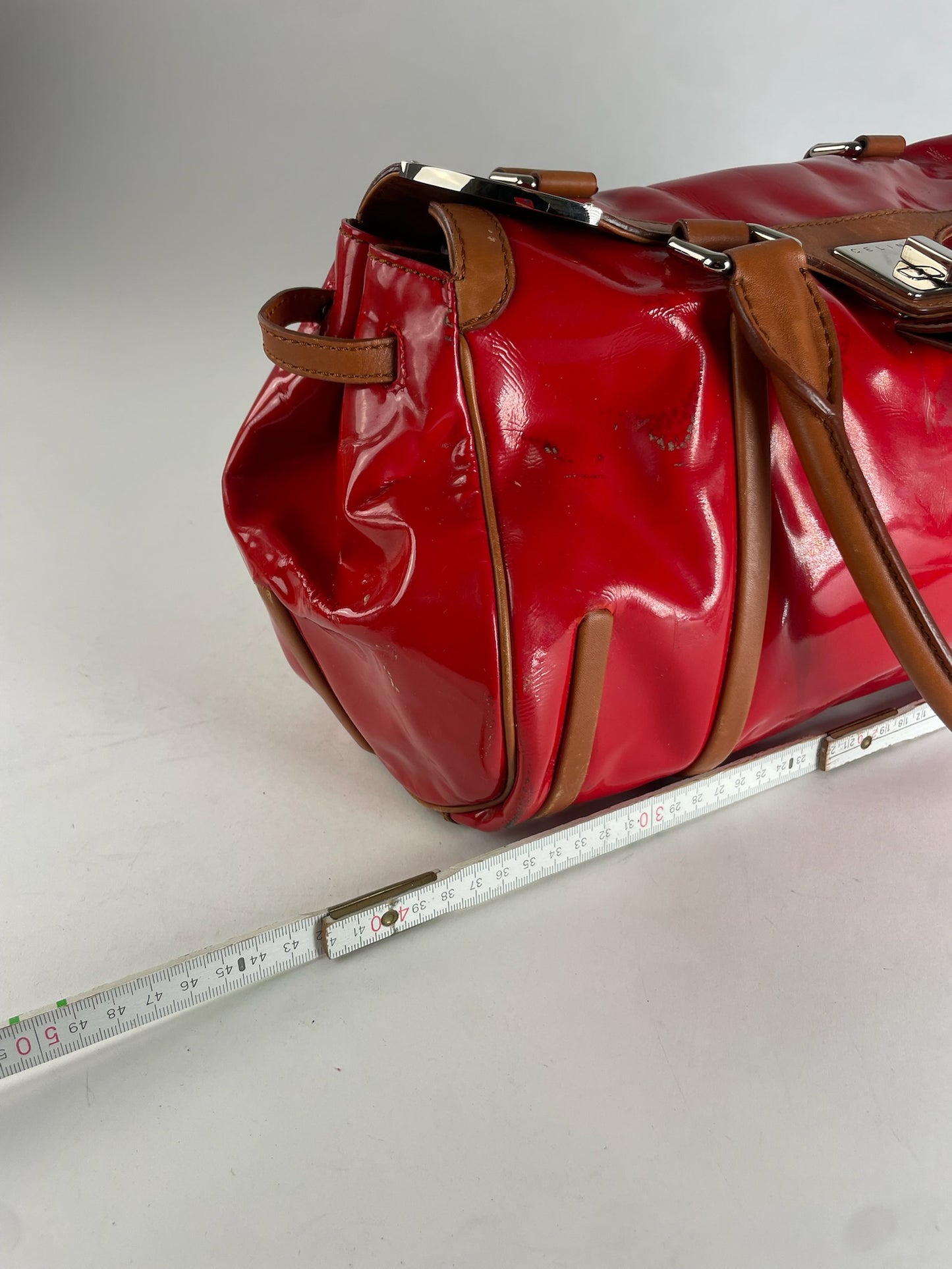Vintage Celine Paris Patent Leather / Leather Handbag Red Brown