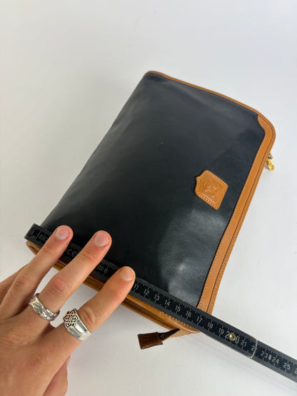 Vintage Celine Leather Clutch Wallet c. Late 1980s Black Tan
