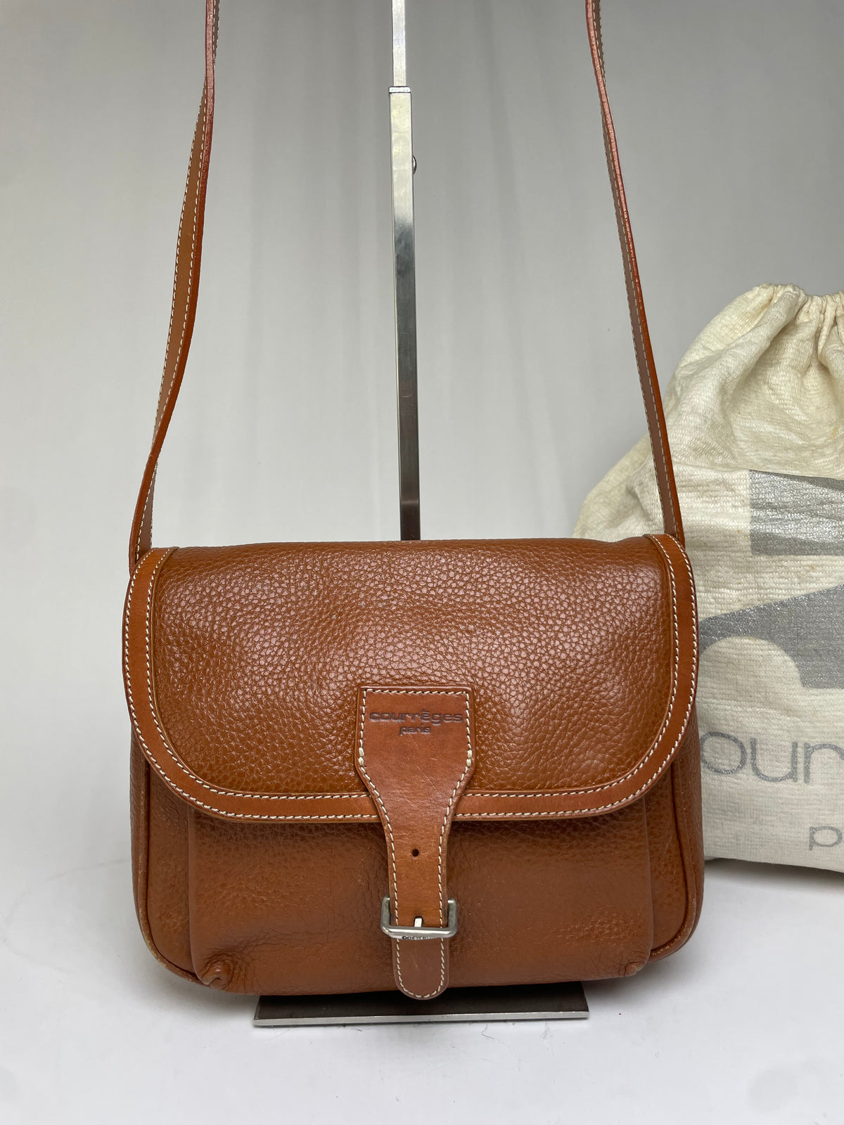 Vintage Courrèges Textured Leather Flap Crossbody Bag Late 1970s Brown
