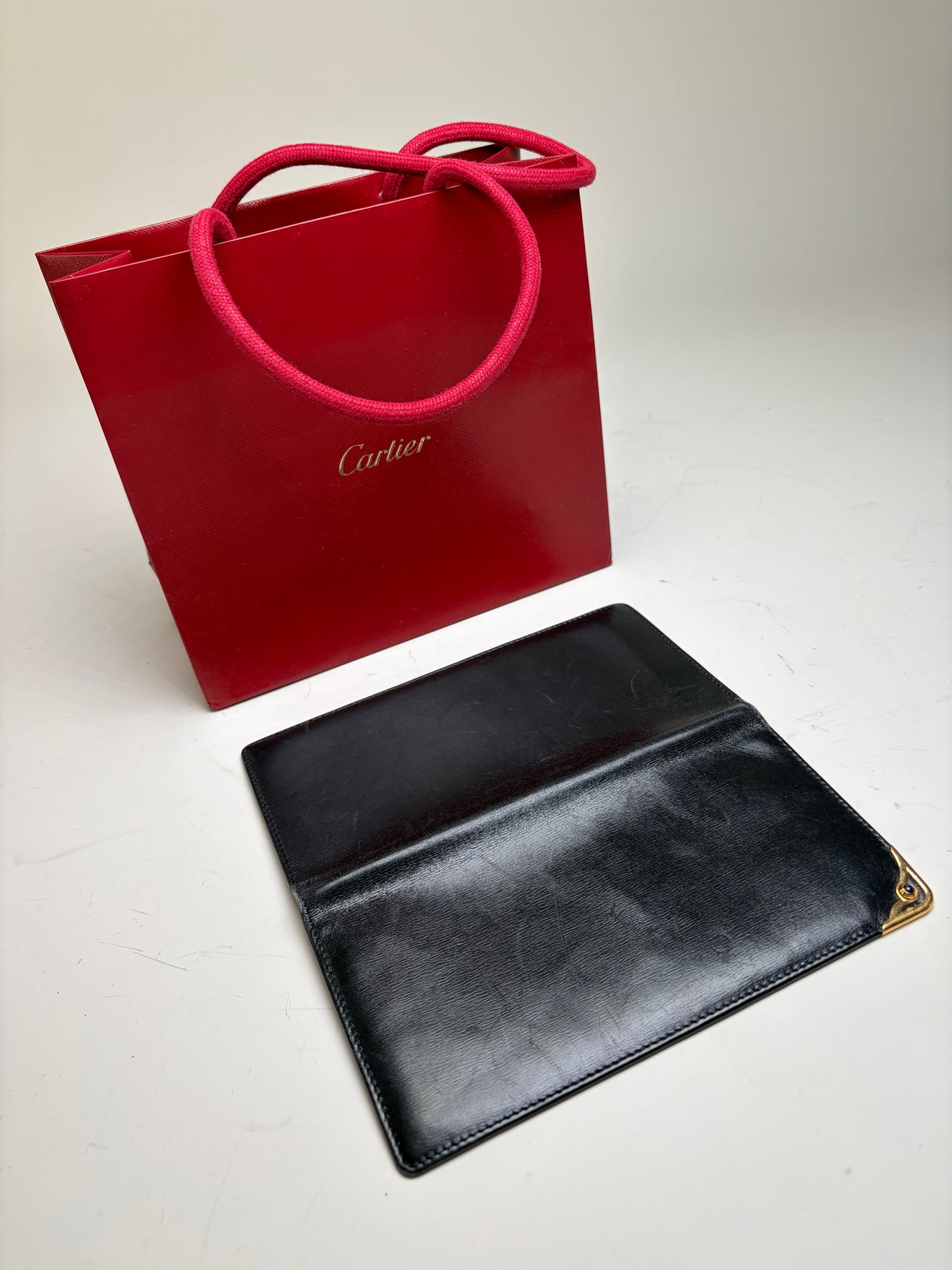 Vintage Cartier Smooth Leather Bifold Wallet Black Gold