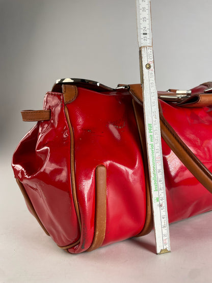 Vintage Celine Paris Patent Leather / Leather Handbag Red Brown