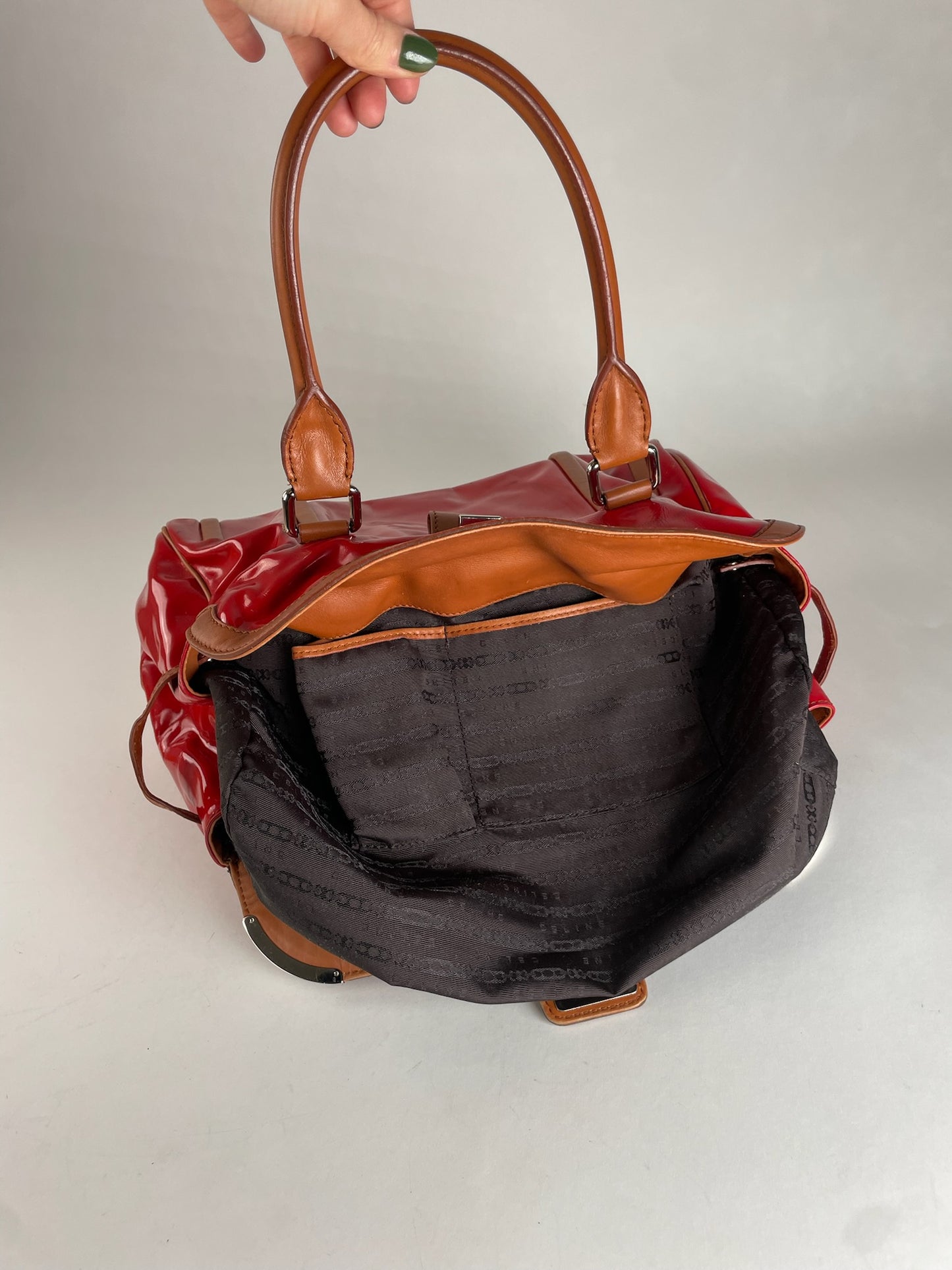 Vintage Celine Paris Patent Leather / Leather Handbag Red Brown