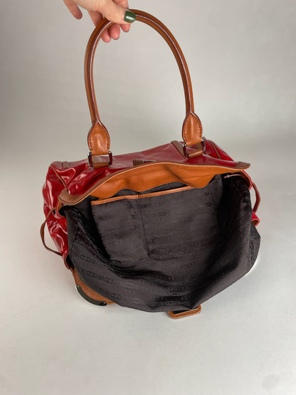 Vintage Celine Paris Patent Leather / Leather Handbag Red Brown