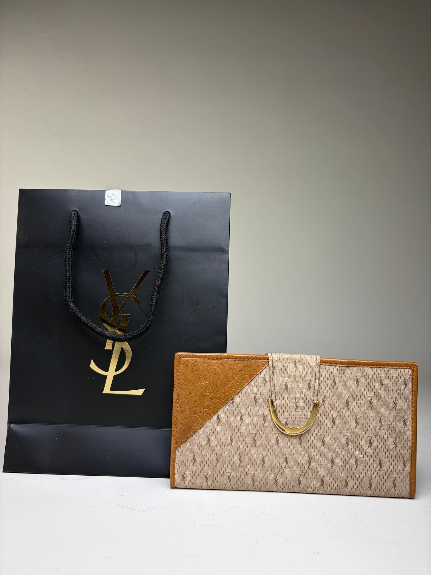 Vintage Yves Saint Laurent Monogram Canvas Bifold Wallet Beige Caramel