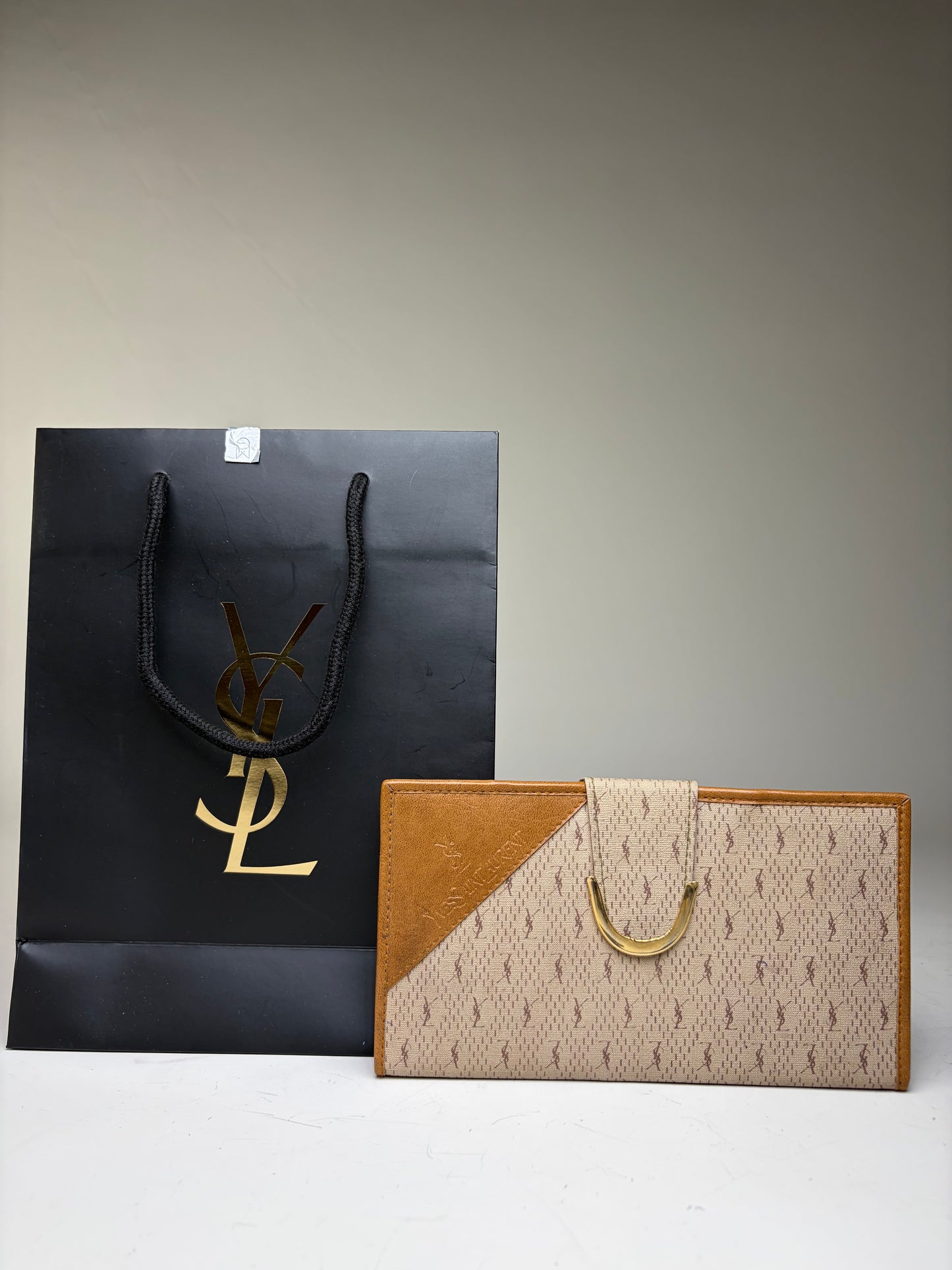 Vintage Yves Saint Laurent Monogram Canvas Bifold Wallet Beige Caramel