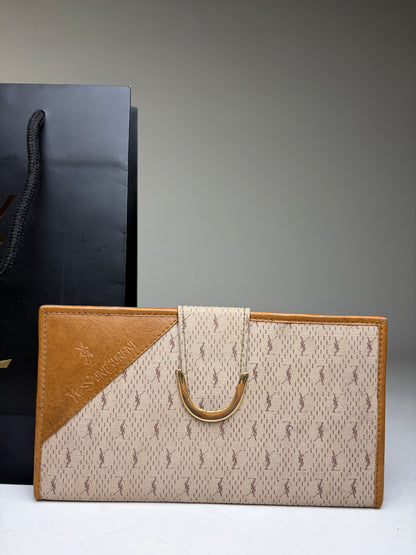 Vintage Yves Saint Laurent Monogram Canvas Bifold Wallet Beige Caramel