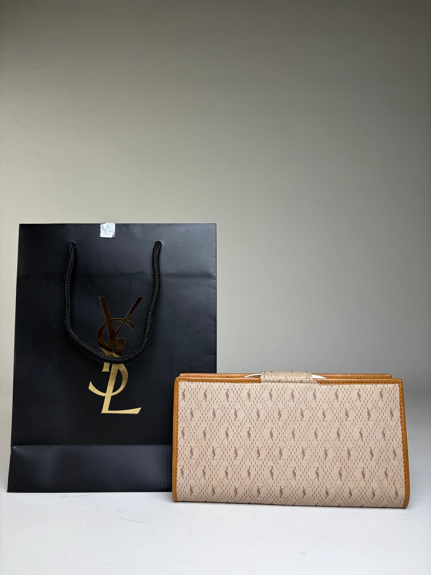 Vintage Yves Saint Laurent Monogram Canvas Bifold Wallet Beige Caramel