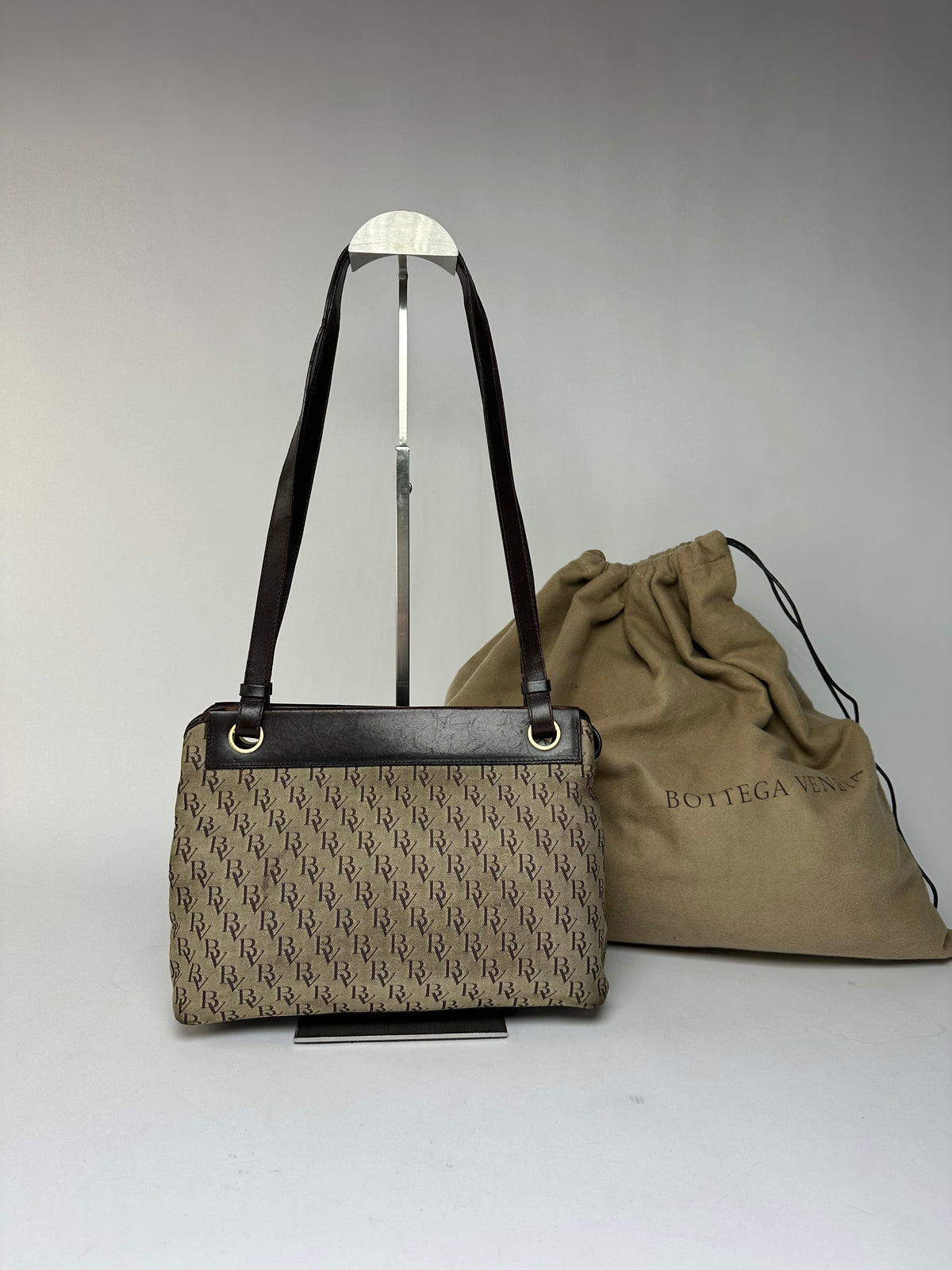 Vintage Bottega Veneta Monogram Canvas Top-Handle Bag Beige Brown