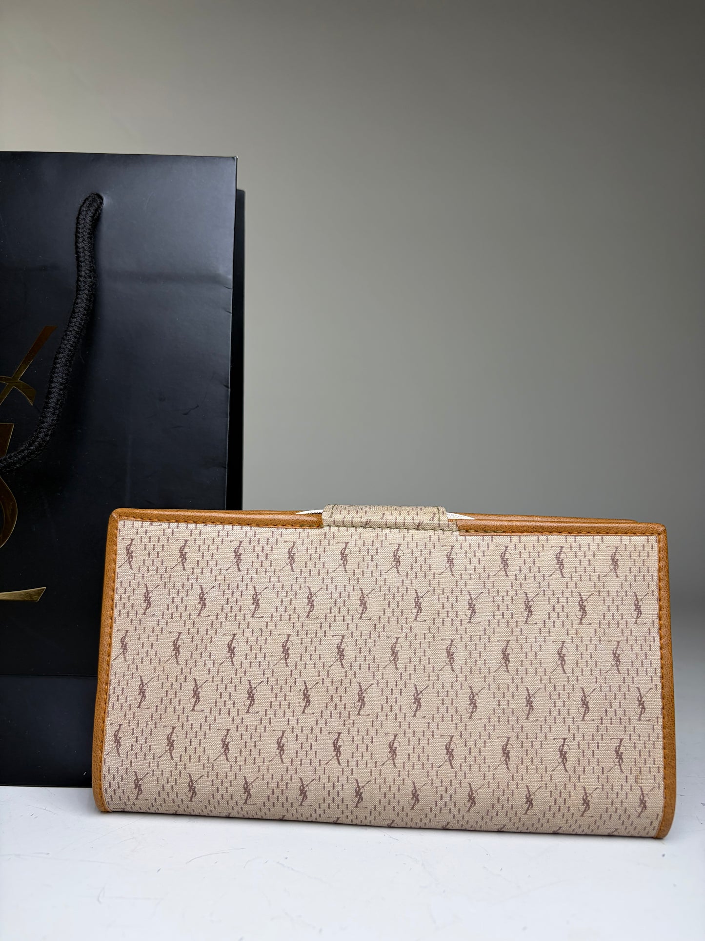 Vintage Yves Saint Laurent Monogram Canvas Bifold Wallet Beige Caramel