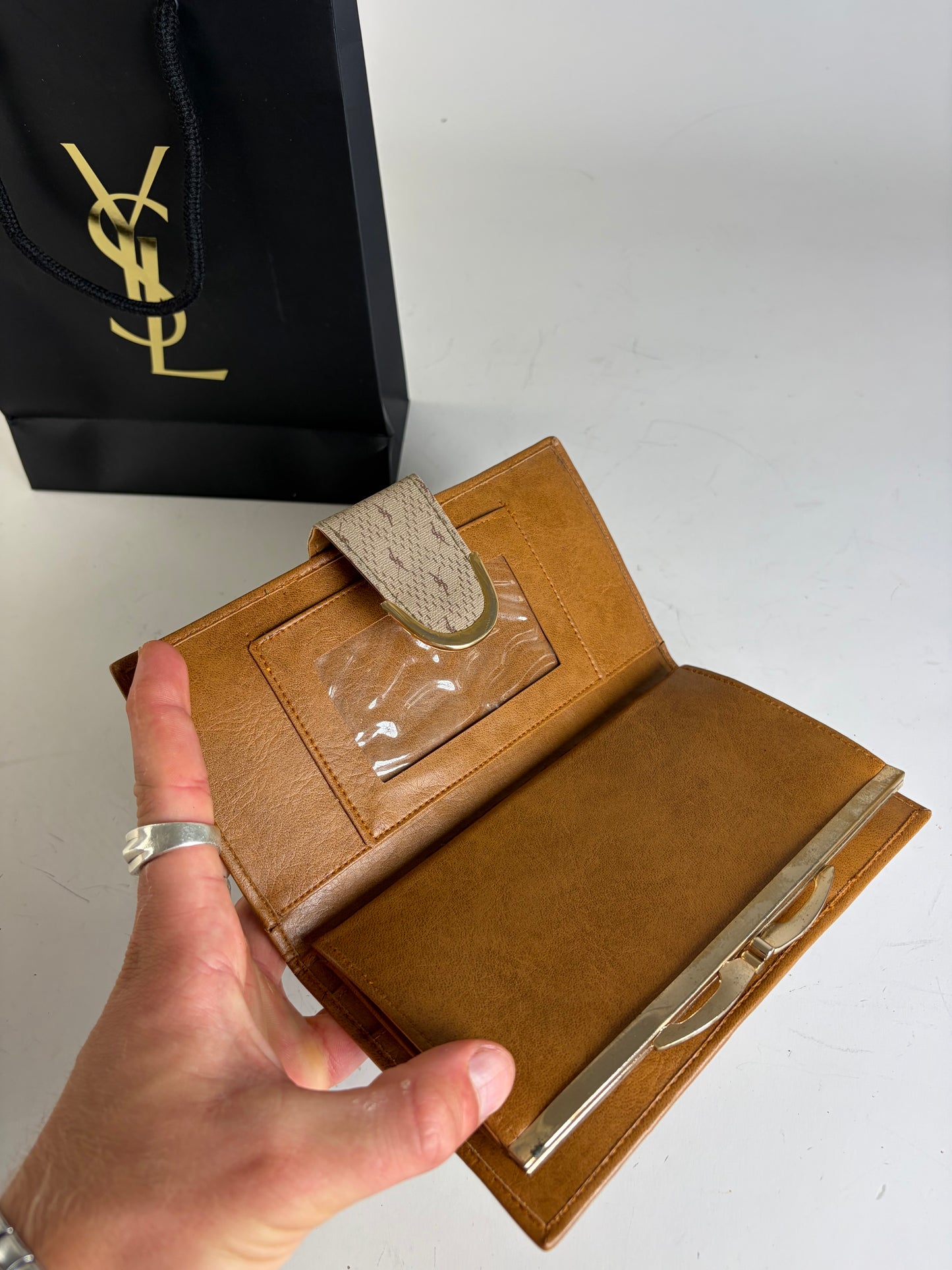 Vintage Yves Saint Laurent Monogram Canvas Bifold Wallet Beige Caramel