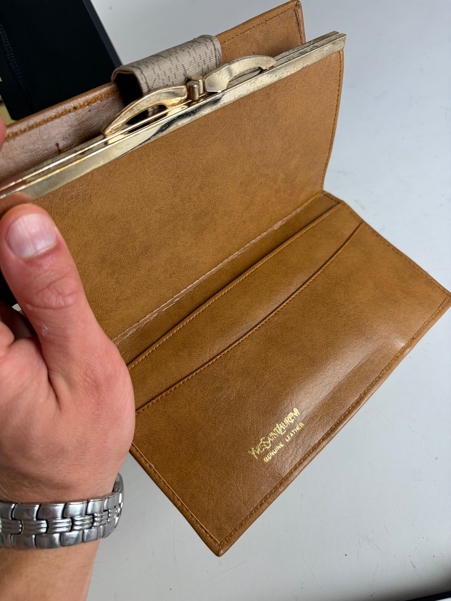 Vintage Yves Saint Laurent Monogram Canvas Bifold Wallet Beige Caramel