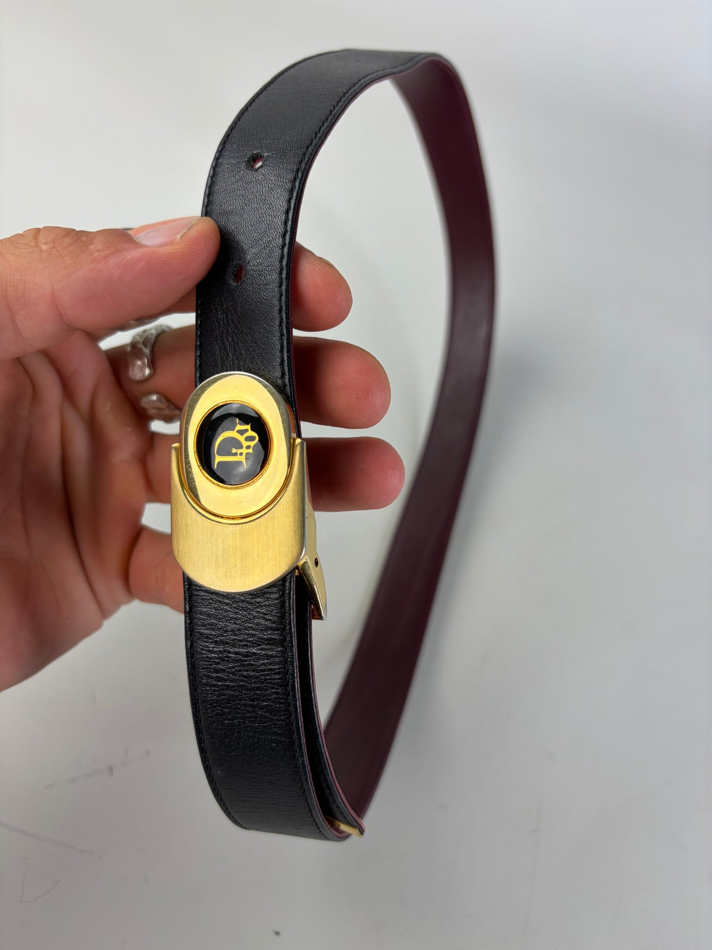 Vintage Dior Leather Belt Black Burgundy Gold