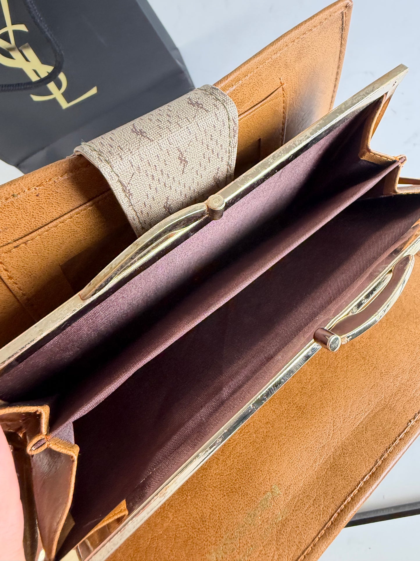Vintage Yves Saint Laurent Monogram Canvas Bifold Wallet Beige Caramel