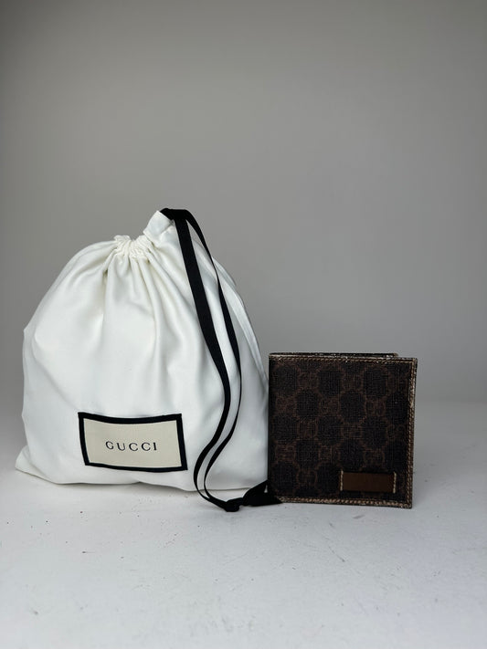 Vintage Gucci Bifold Wallet Monogrammed Canvas Brown Leather