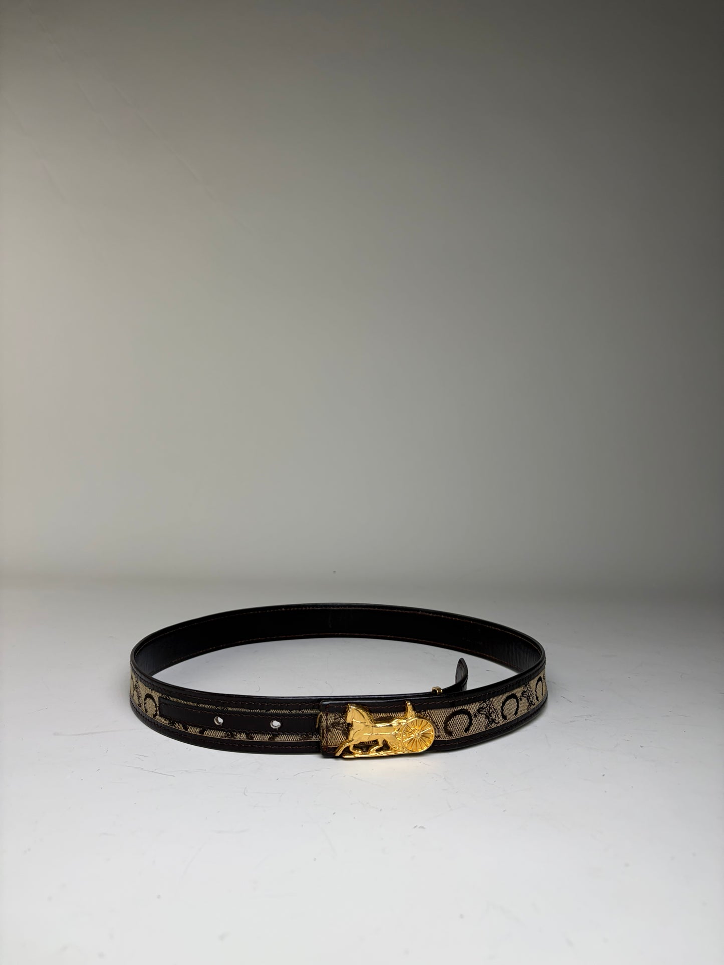 Vintage Celine Leather Belt Gold Carriage Buckle Brown Cream