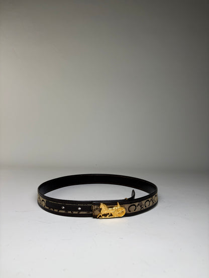 Vintage Celine Leather Belt Gold Carriage Buckle Brown Cream