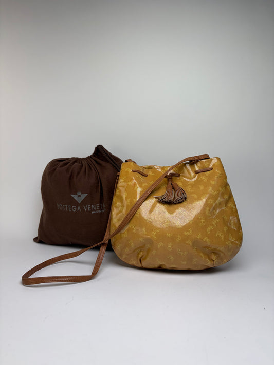 Vintage Bottega Veneta Butterfly Motif Drawstring Shoulder Bag c. Late 1980s Yellow Brown