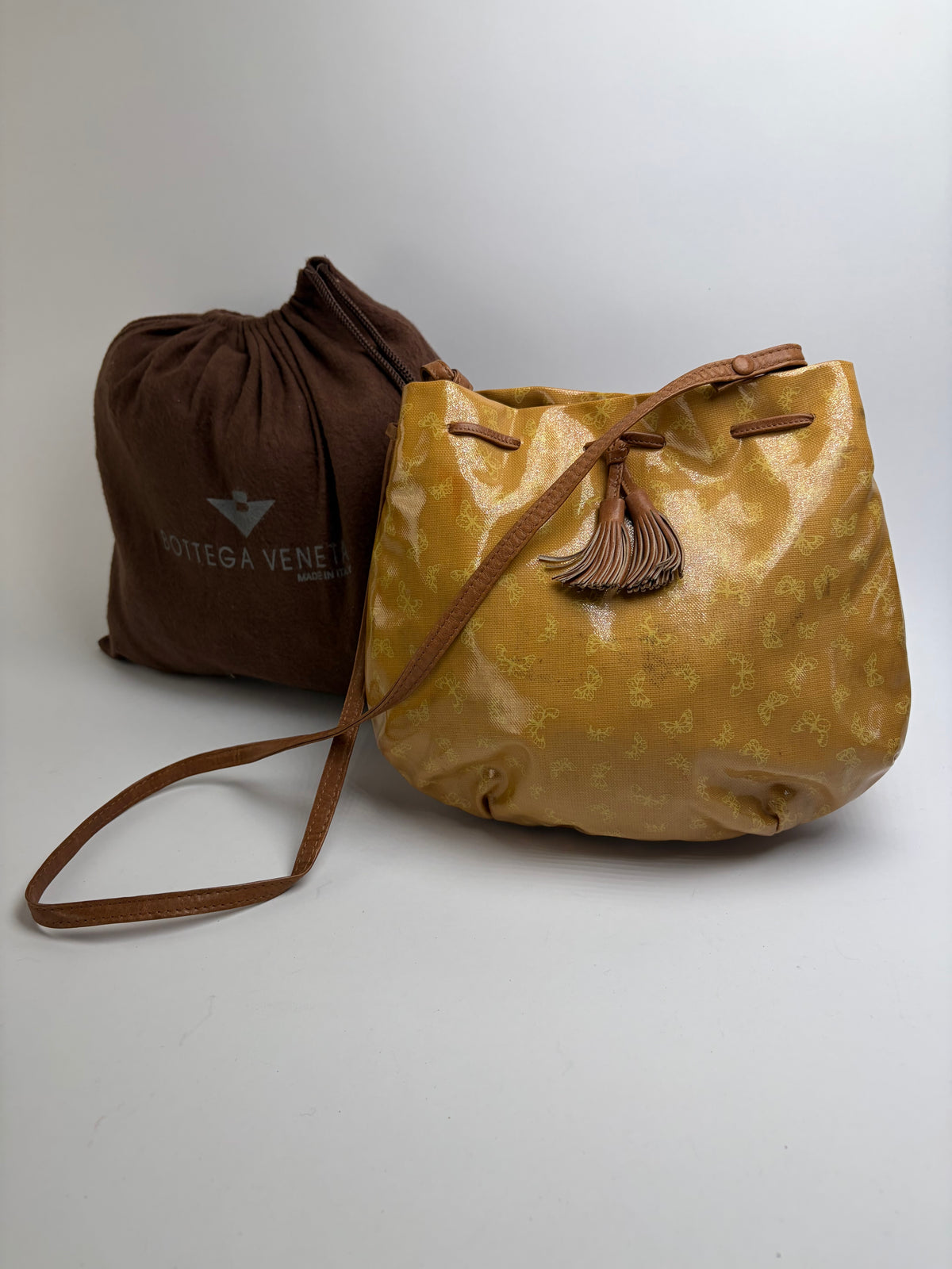 Vintage Bottega Veneta Butterfly Motif Drawstring Shoulder Bag c. Late 1980s Yellow Brown