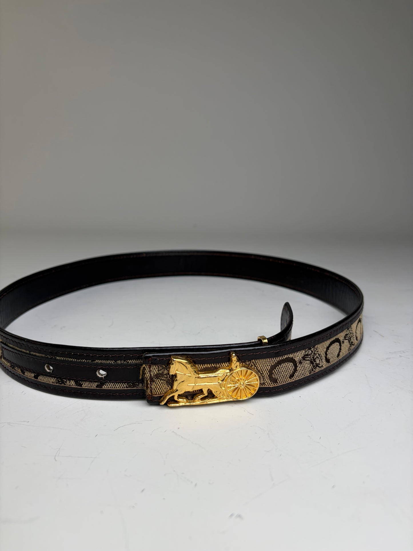 Vintage Celine Leather Belt Gold Carriage Buckle Brown Cream