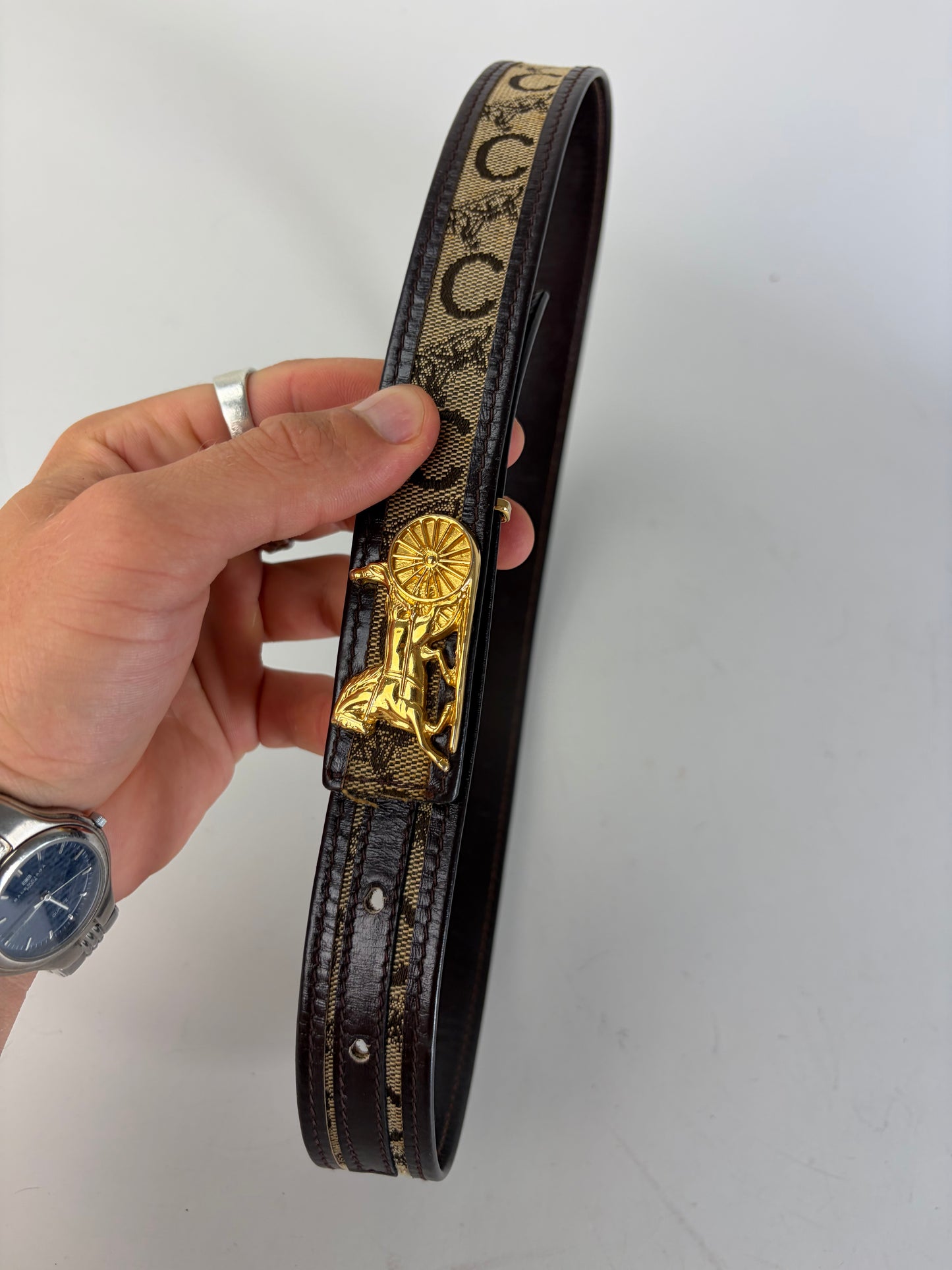 Vintage Celine Leather Belt Gold Carriage Buckle Brown Cream