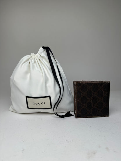 Vintage Gucci Bifold Wallet Monogrammed Canvas Brown Leather