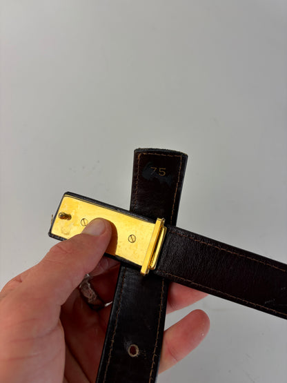Vintage Celine Leather Belt Gold Carriage Buckle Brown Cream