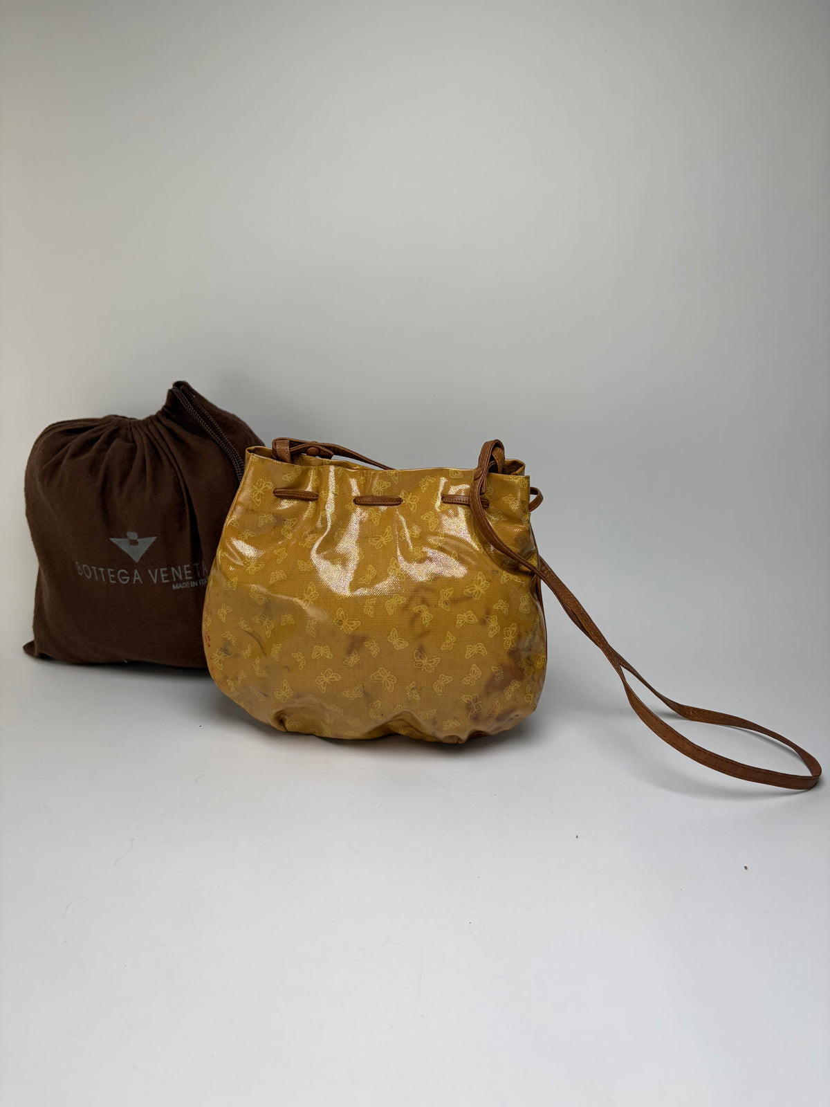 Vintage Bottega Veneta Butterfly Motif Drawstring Shoulder Bag c. Late 1980s Yellow Brown