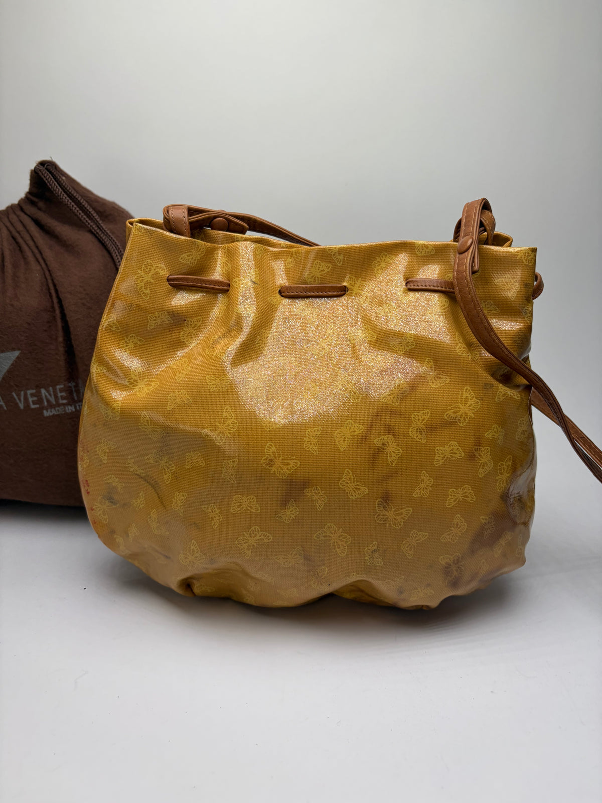 Vintage Bottega Veneta Butterfly Motif Drawstring Shoulder Bag c. Late 1980s Yellow Brown