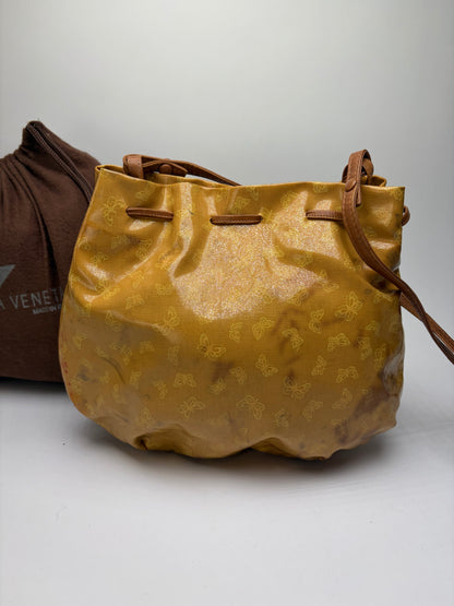 Vintage Bottega Veneta Butterfly Motif Drawstring Shoulder Bag c. Late 1980s Yellow Brown
