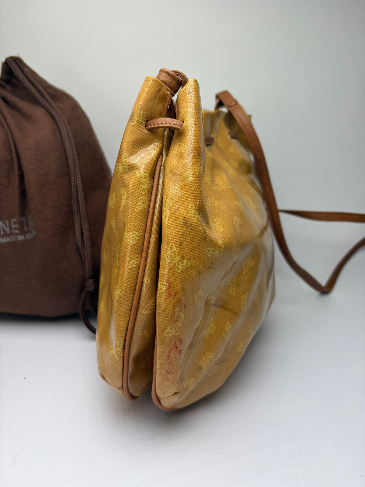 Vintage Bottega Veneta Butterfly Motif Drawstring Shoulder Bag c. Late 1980s Yellow Brown