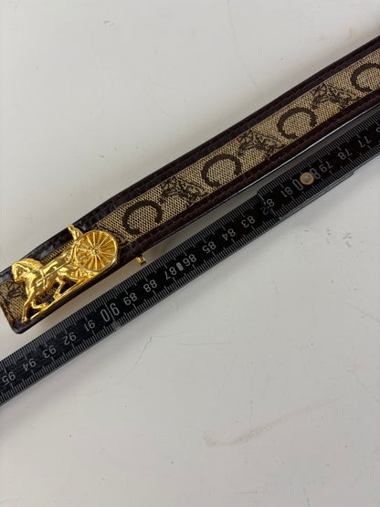 Vintage Celine Leather Belt Gold Carriage Buckle Brown Cream