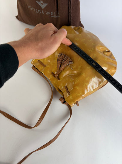 Vintage Bottega Veneta Butterfly Motif Drawstring Shoulder Bag c. Late 1980s Yellow Brown