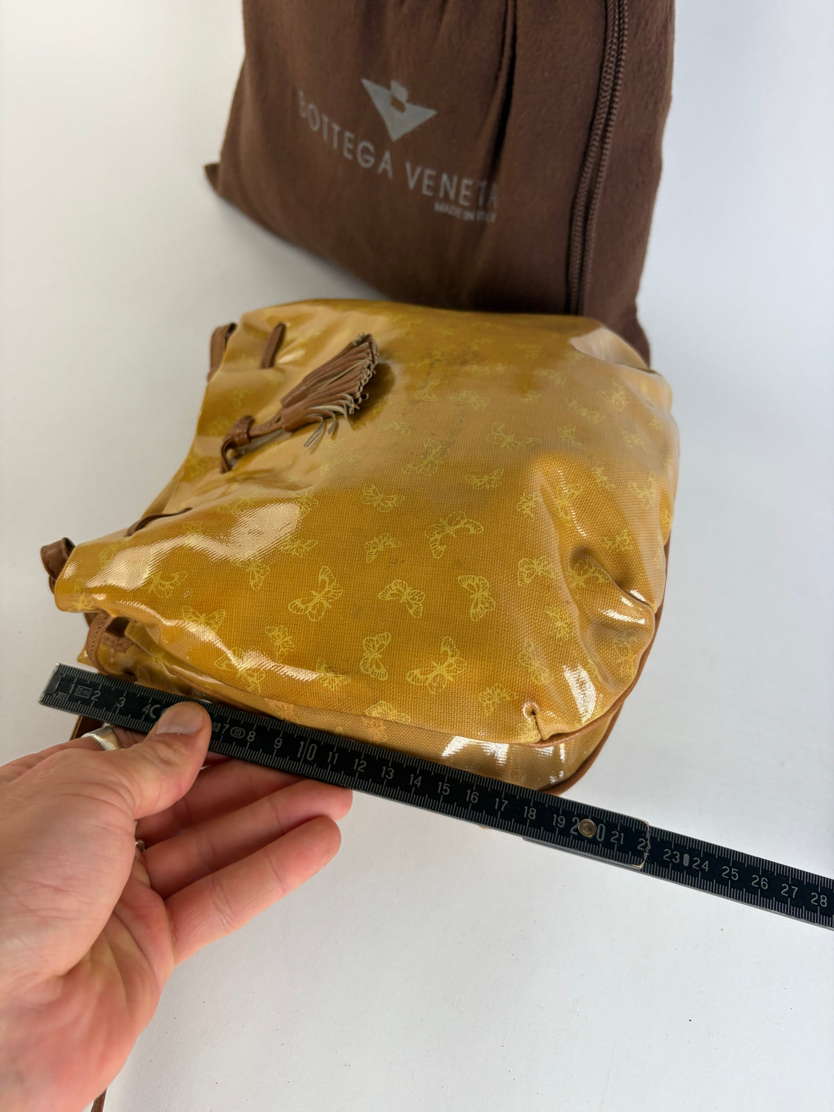 Vintage Bottega Veneta Butterfly Motif Drawstring Shoulder Bag c. Late 1980s Yellow Brown
