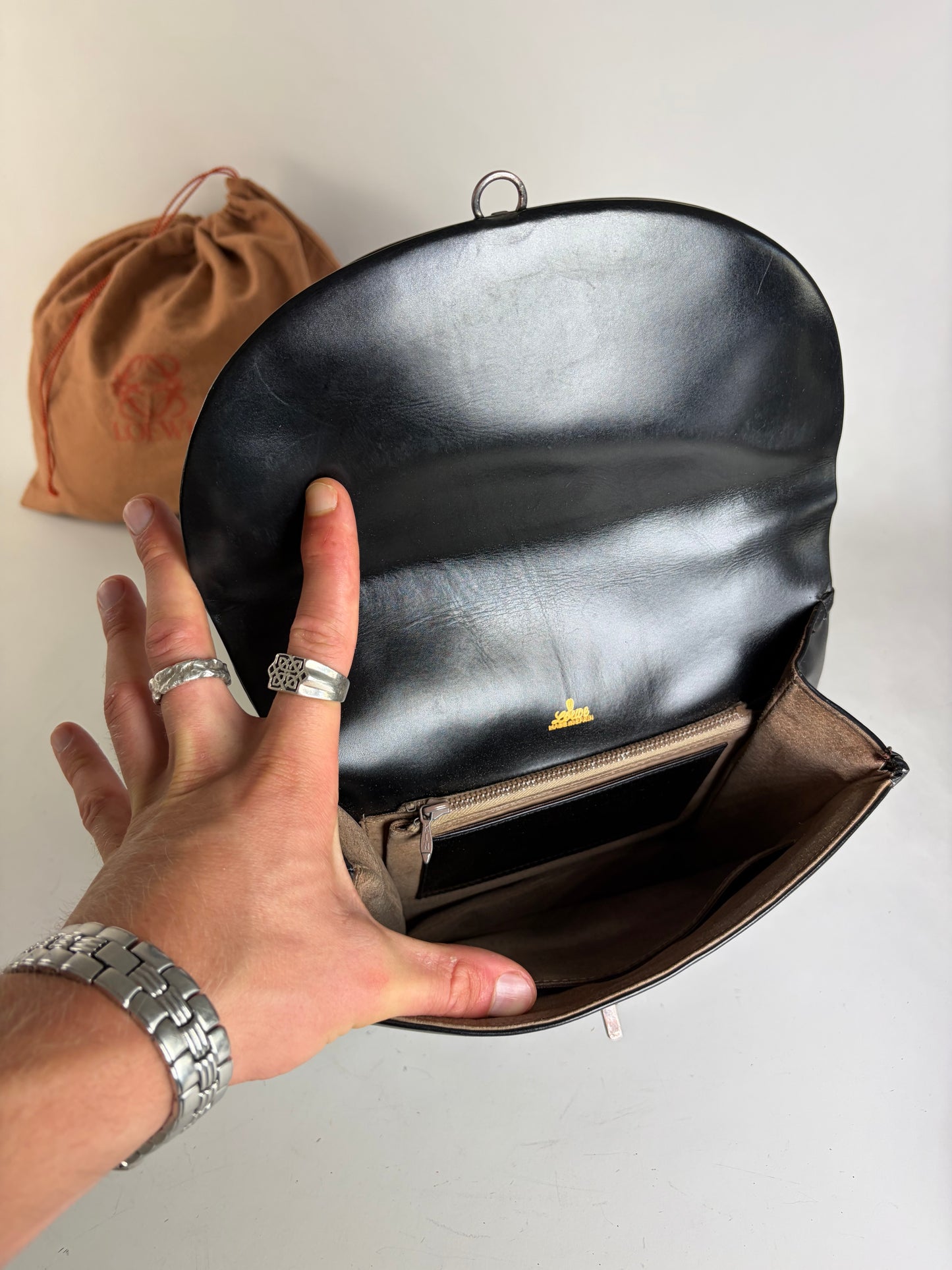 Vintage Loewe Structured Leather Top-Handle Bag Black Silver