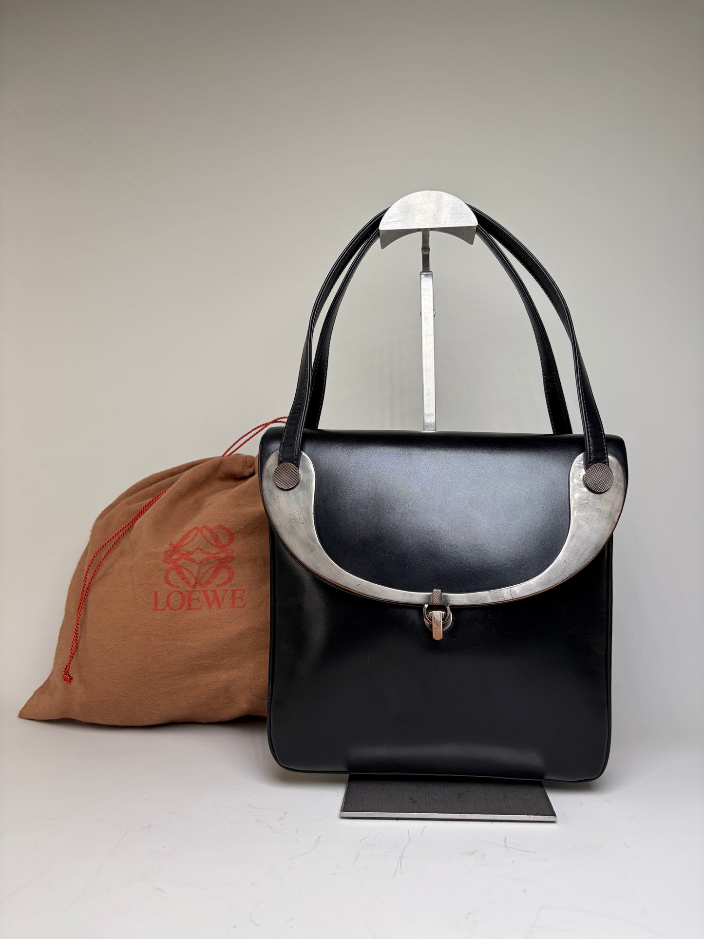 Vintage Loewe Structured Leather Top-Handle Bag Black Silver