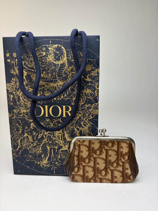 Vintage Dior Oblique Canvas Kiss-Lock Coin Purse Late 1970s Brown